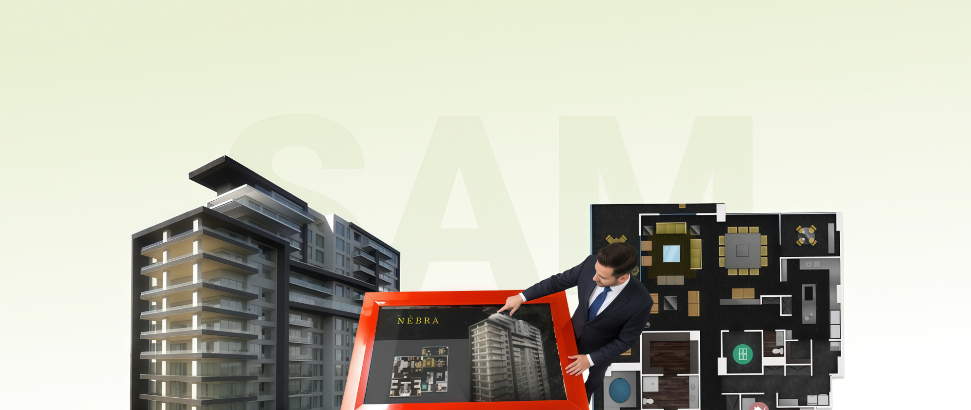 Render de edificio residencial, planos y asesor usando SAM Visual para cerrar ventas